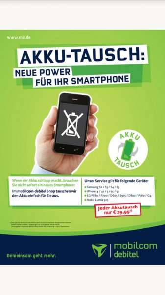 Akku -Tausch Iphone 4, 4s, 5, 5c und 5s in den mobilcom Shops für 29,99