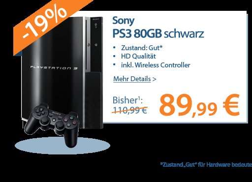 [Rebuy] Sony Playstation 3 gebraucht-gut - 80GB inkl. Wireless Controller &18 Monate Garantie für nur 86,98€ inkl. Versand 