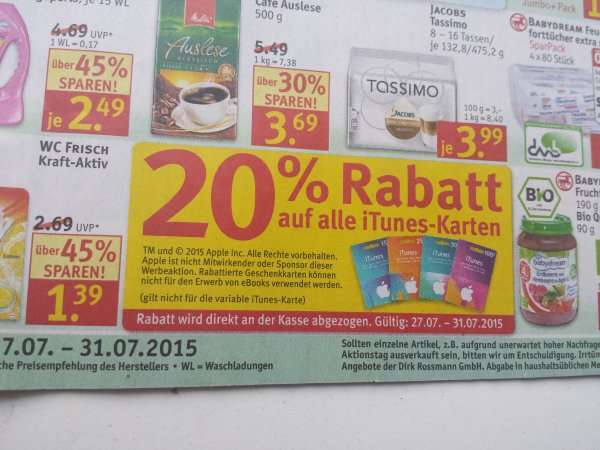 (Rossmann) 20% Rabatt auf Itunes Karten - 15€ für 12€, 25€ für 20€, 50€ für 40€ und 100€ für 80€