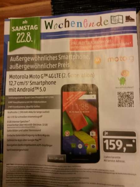 Aldi Süd nur am 22.08. - Motorola Moto G 4G LTE (2. Generation) ohne SIM LOCK mit Aldi Talk Starter Set