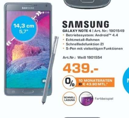 [Saturn] Samsung Galaxy Note 4, 32 GB,.5.7 Zoll, 3G Unterstützung, LTE in Schwarz oder Weiß ab 434,-€