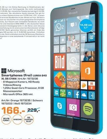 [Lokal Saturn Münster] Mi­cro­soft Lumia 640 XL Dual Sim alle Farben für je 166,-€