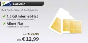 O2 Mobilcom Comfort Allnet mit 1,5GB Internet-Flat für nur 12,99 Euro monatlich