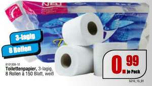 [ROSEN/LINDENHEIM] Schleudermaxx: 8x150 Blatt 3-lagiges Toilettenpapier für nur 0,99€