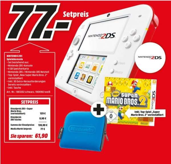 [Lokal Mediamärkte Stadthagen,Peine und Holzminden] Nintendo 2DS New Super Mario Bros. 2 Special Edition (schwarz oder weiß) + Tasche für 77,-€