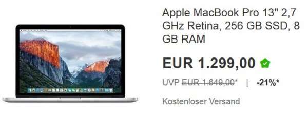 ebay: Apple MacBook Pro 13" 2,7GHz, 256GB SSD, 8GB RAM 1299,- + 15fach payback