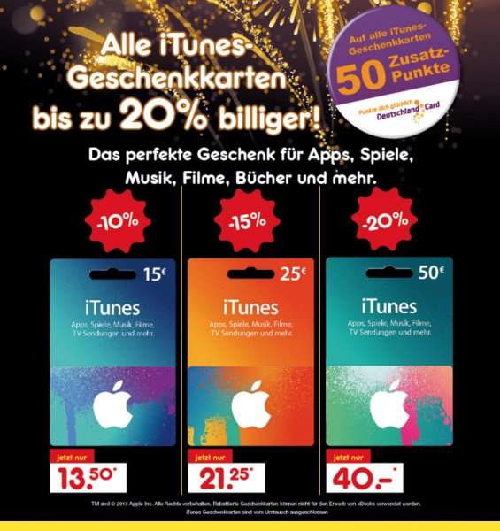 Netto - Itunes Karten bis zu 20% Rabatt + 50 Zusatzpunkte Deutschlandcard / 50EUR für 40EUR
