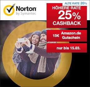 25% Qipu-Cashback auf NORTON Antivirus & Internet Security Software (auch Verlängerungen & Upgrades) + 15€ Amazon Gutschein auf NORTON Antivirus & Internet Security Software