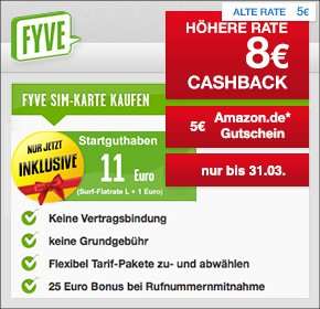 FYVE mit 8€ Cashback + 5€ Amazon Gutschein + Qipu Osterei für das 9,95€ Startpaket mit Surf-Flat im Wert von 10 € + 1 € Startguthaben