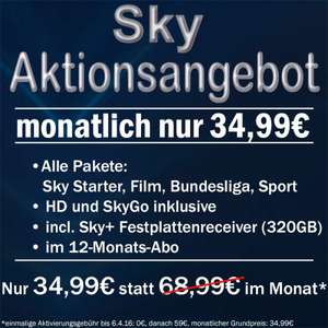 SKY KOMPLETT für 34,99€ mtl. inkl. HD, SkyGo & Sky+-Receiver, bis 6.4. ohne Aktivierungsgebühr