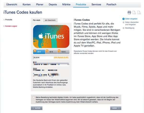 iTunes Guthaben mit 20% Rabatt im Online Banking der Deutschen Bank. Auch für die 25€ Karte!