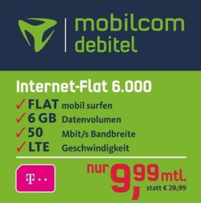 mobilcom-debitel Internet-Flat 6.000 im Telekom-Netz für 9,99€/ Monat LTE (50 MBits/Sek,)
