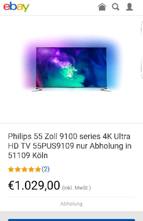 Philips 55 Zoll 9100 Series 4K Ultra HD TV 55PUS9109 mit Abholung in Köln