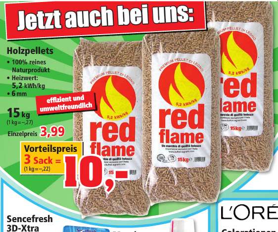 45 kg Holzpellets "Red Flame" (3x15kg) bei Thomas Philipps (0,222€/kg)