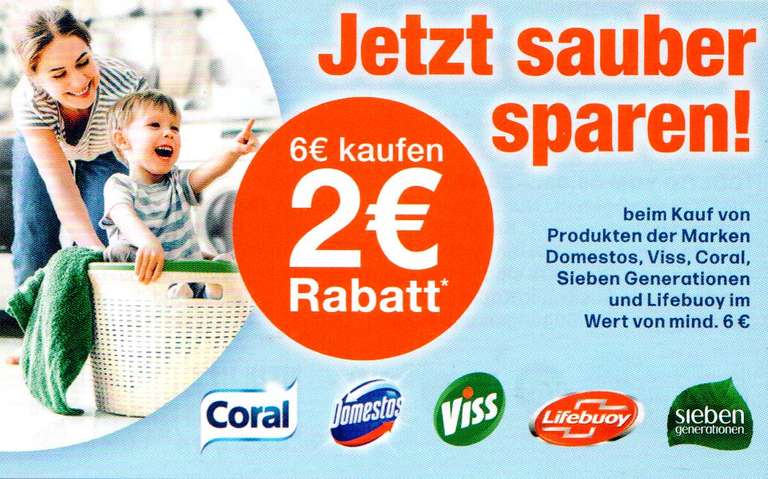 2€ Rabatt-Coupon ab 6€ für Coral, Domestos, Lifebuoy, Sieben Generationen und Viss bis 26.11.2022