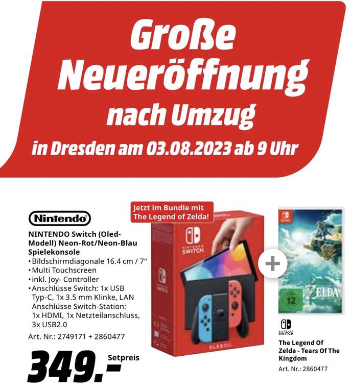 [Lokal Media Markt Dresden] Nintendo Switch Oled & Zelda Tears of the Kingdom für 349€