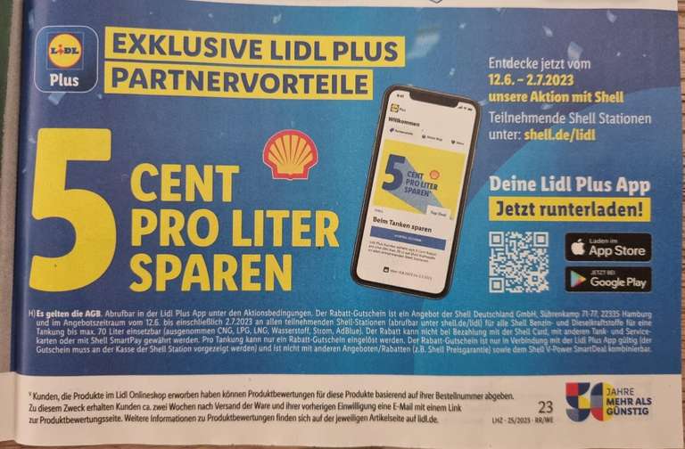 [Lidl Plus] 5 Cent pro Liter sparen bei der Shell (bis 70l) | gültig bis zum 02.07.2023