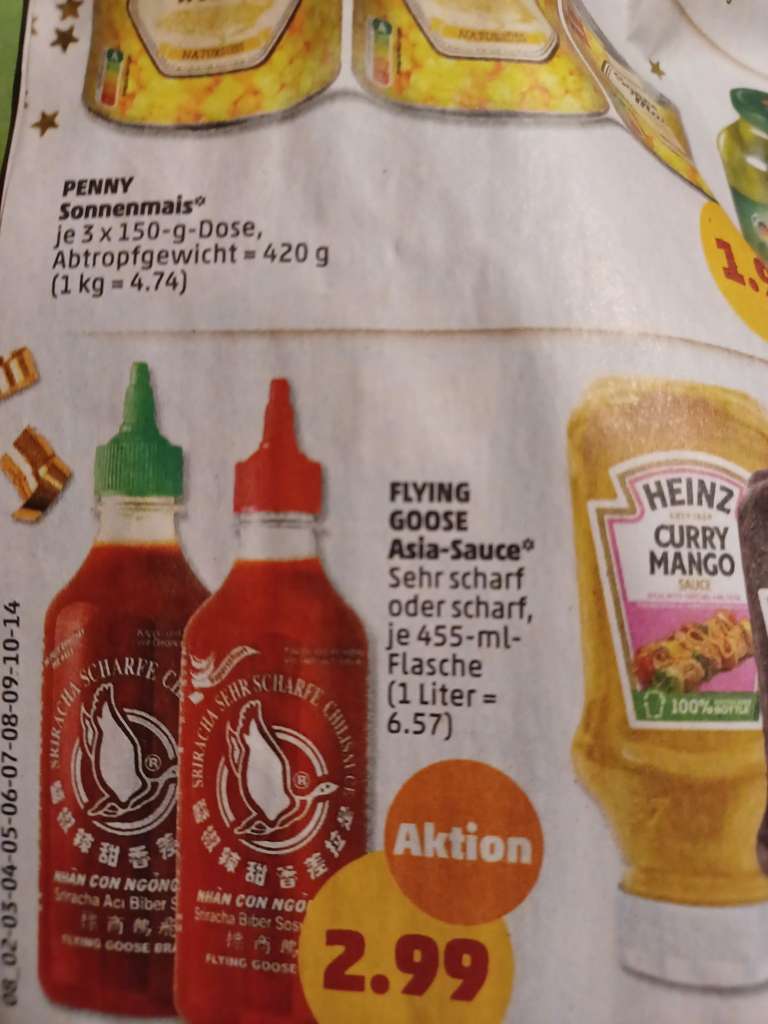 Penny ab 27.12.: Flying Goose Asia Sauce in scharf & sehr scharf , je 455ml Quetschflasche , Literpreis: 6.57€