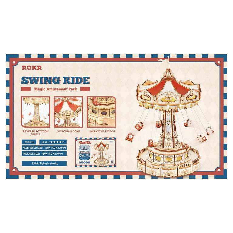 Robotime Swing Ride – Kit Puzzle 3D En Bois, Manège Rétro Avec éclairage Et Musique, 289 Pièces, à Monter Sans Colle