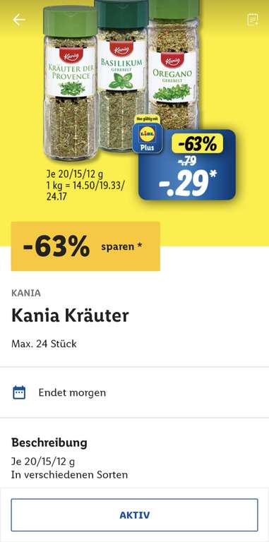 [Lidl Plus App] Kania getrocknete Kräuter für 0,29€ mit Lidl Plus App