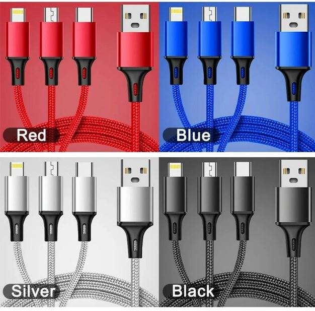 USB Multiladekabel 1,2 m, 2 A - USB A auf USB C, Lightning, Micro USB - geflochten, 5 Farben - unter 2 € incl. Versand möglich
