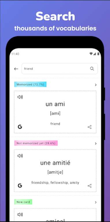 (Google Play Store / App Store) Memorize: Learn French / Russian Words (Android, iOS, Vokabelkarten, Sprache)