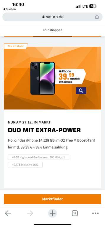 Saturn IPhone 14 128 O2 Free M Boost 39,99 -100€ Frühshoppen im Markt
