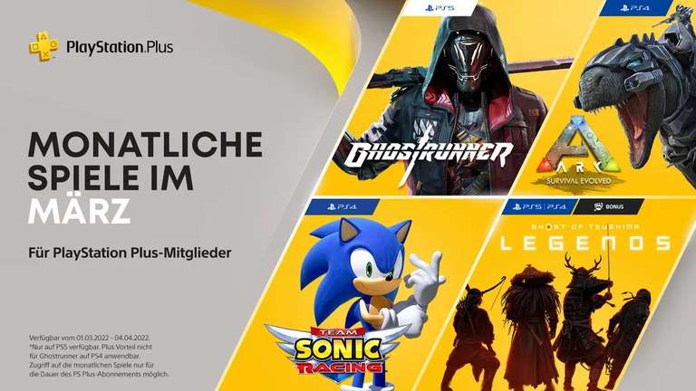 PS Plus März 2022 - Ark Survival Evolved PS4 | Team Sonic Racing PS4 | Ghostrunner PS5 | Ghost of Tsushima: Legends PS4/PS5 | GTA Online PS5