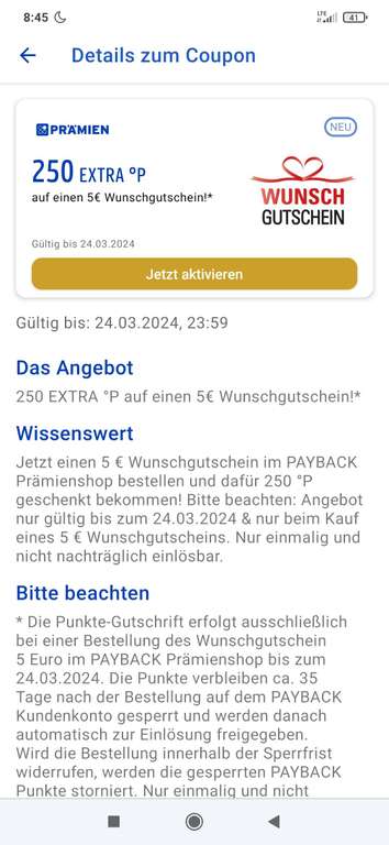 Wunschgutschein / Payback 250 Punkte ab 5€ geschenkt. Eventuell personalisiert