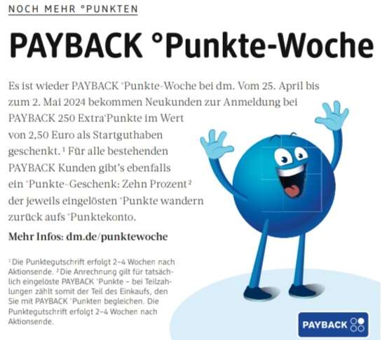 dm Payback Punkte-Woche: Payback-Punkte einlösen und 10% als Extra-Punkte zurückerhalten | 25.04.-02.05.