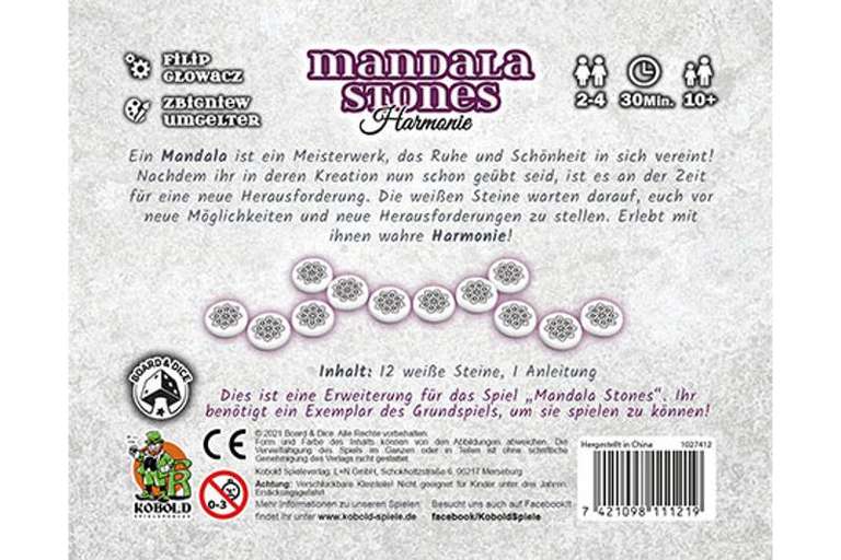 Mandala Stones + Erweiterung Harmonie | Brettspiel (Legespiel) für 2-4 Personen ab 10 J. | ca. 30 Min. | BGG: 6.9 & 7.3 / Komplexität: 1.77