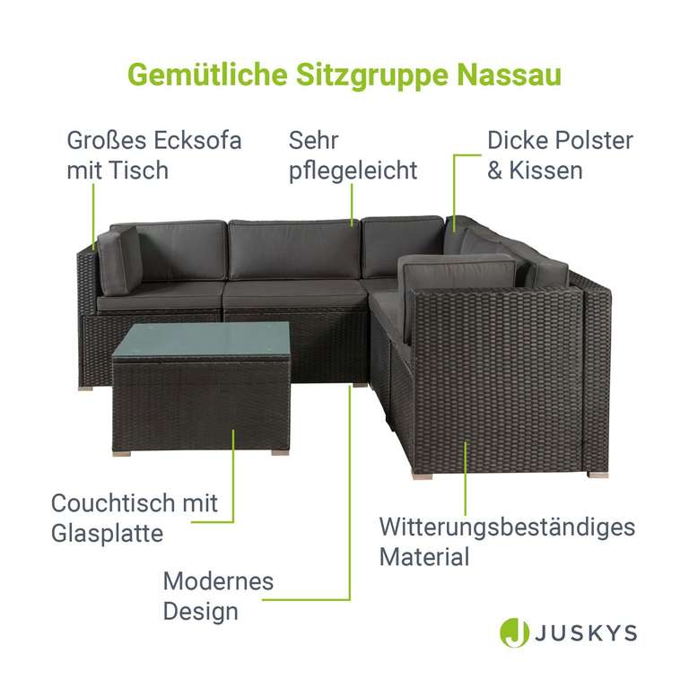 Juskys Polyrattan Lounge Nassau schwarz für 5 Personen mit Ecksofa & Tisch, Bezüge: Dunkelgrau