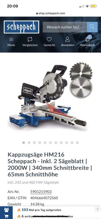 Kappzugsäge HM216 Scheppach - inkl. 2 Sägeblatt | 2000W | 340mm Schnittbreite | 65mm Schnitthöhe