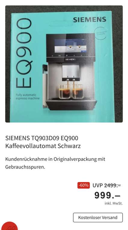 400€ geschenkt: Kaffeevollautomat Siemens EQ900 dank MediaMarkt