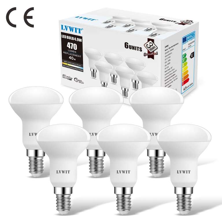 E14 LED Lampe Warmweiss 4.9W, Reflektorlampe 470 lm, 2700K, E14 LED Reflektor R50 LED Strahler ersetzt 40W Glühbrine, 6er Pack - LED MALL
