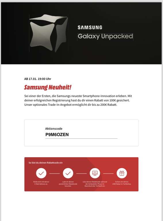 Samsung Galaxy S24 Tarifwelt Media Markt 100€ Rabattcode und bis zu 100€ Trade In Rabatt neue Samsung Smartphones Handyvertrag Vorbesteller