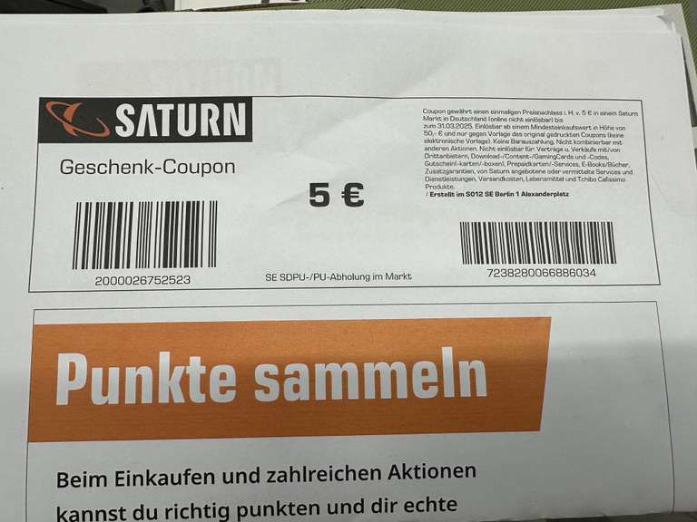 5€ Rabatt bei Saturn (MBW 50€) -online nicht einlösbar