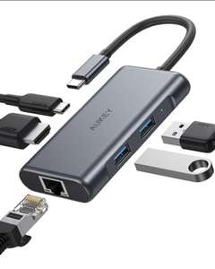 Aukey (CB-C75) 5 in 1 USB-C-Hub (USB-C-Port in fünf Ports für Datenübertragung, Displayerweiterung (4K/30Hz), Internetverbindung, Aufladen)