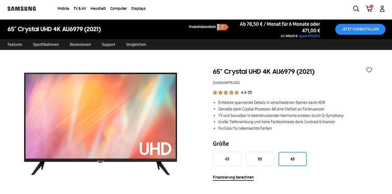 (Corporate Benefits) Samsung 65″ Fernseher für 500€ Crystal UHD 4K AU6979 (2021) GU65AU6979UXZG TV