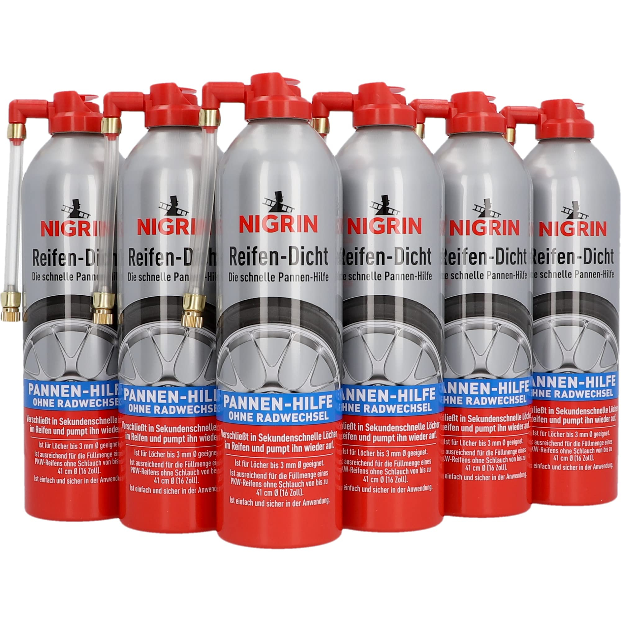 NIGRIN Reifendicht, 6 x 500 ml, sofortige Pannenhilfe, Reifendichtmittel repariert Löcher im Reifen im Handumdrehen ohne Montage (Prime)