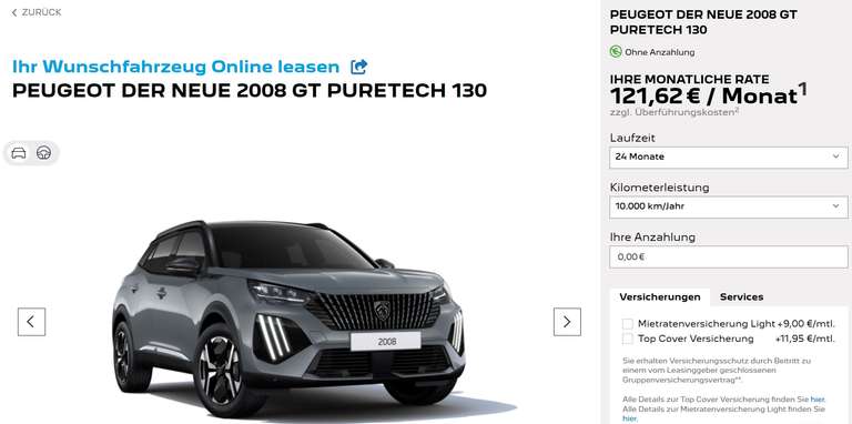 Privatleasing Peugeot 2008 GT Facelift 24 Monate 10.000Km für 121,62€ -> eff. 158,70€