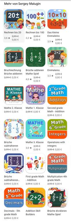 Rechnen bis 20 + 33 weitere Mathelernspiele für Kinder [Android, Lernspiele, teilweise Englisch][Google Play Store]
