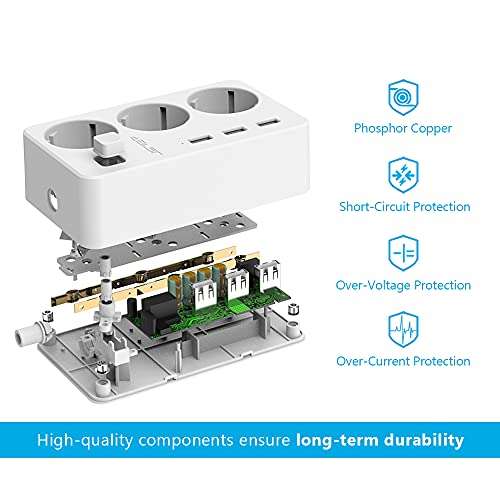 Prime: JSVER Steckdosenleiste 3 Fach mit 3 USB-Ladebuchsen, Überspannungsschutz (AC bis 2500W, USB 5V/3.1 A, 15.5W) 1,5m - Weiß