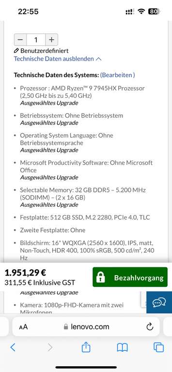 Lenovo Legion Pro 5 (16", 8) (2560 x 1600) IPS, 240 Hz - Ryzen 9 7945HX, 32 GB RAM, 512 GB SSD, RTX 4070 8 GB