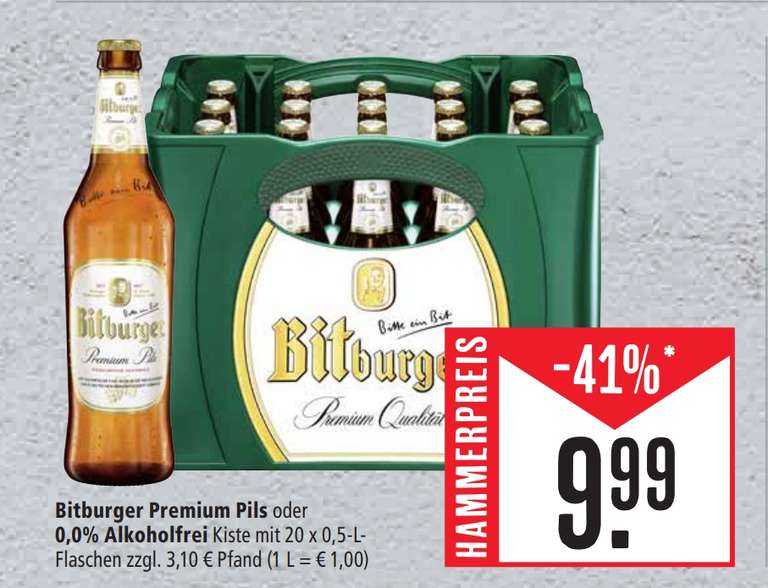Marktkauf Südwest: Kiste Bitburger „Premium Pils“ oder „0,0% Alkoholfrei“ 20 x 0,5 Ltr. für 9,99 € zzgl. 3,10 € Pfand