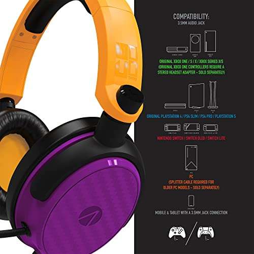 STEALTH C6-100 Neon Orange & Lila Gaming Headset (PS4/PS5, Xbox, Switch, PC, mit flexiblem Mikrofon, 3.5mm Klinkenstecker, 1.5m Kabel)