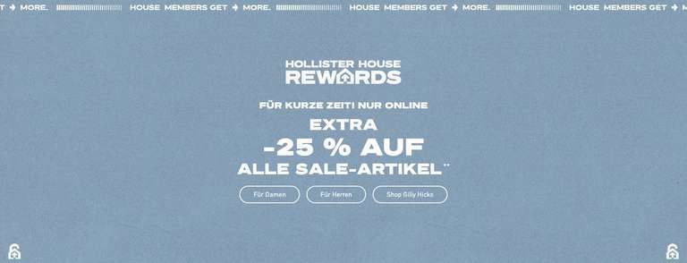 Hollister Sale - Extra 25% + 10€ Rabatt ab 40€ MBW als neuer Member / 8x T-Shirts für 38€