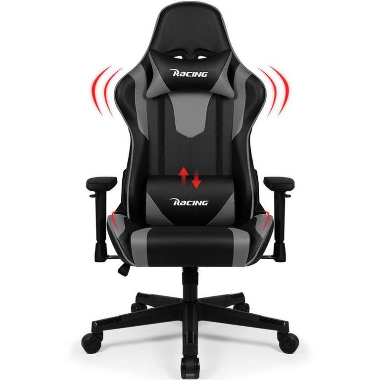 Authmic Gaming-Stuhl, mit verstellbare Kopfstütze und Lendenwirbelstütze,  mit Lendenkissen, Wippfunktion 90°-165°, bis 150kg.