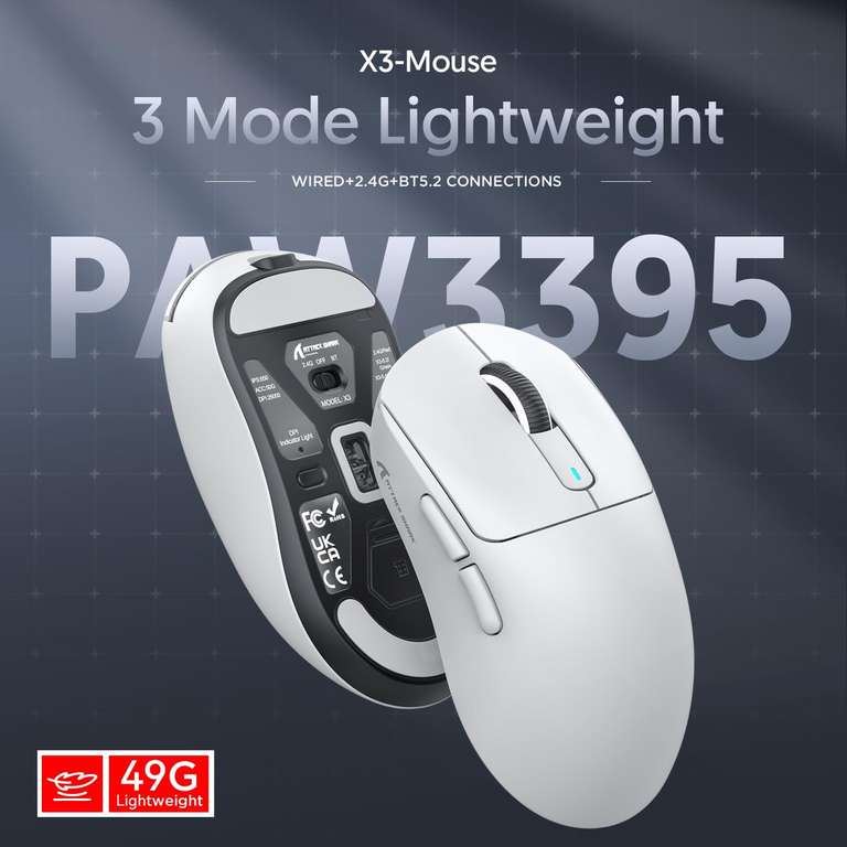 ATTACK SHARK X3 49g Ultralight Gaming Maus, PixArt PAW3395 Sensor - Logitech G Pro X Superlight Alternative