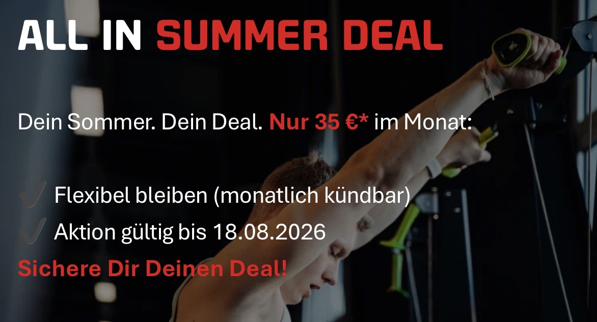 all inclusive Fitness: Summer Deal für 35 €/Monat statt 49,95 € – monatlich kündbar, 190+ Studios, Kurse/Sauna/Drinks + 45 € Starterpaket